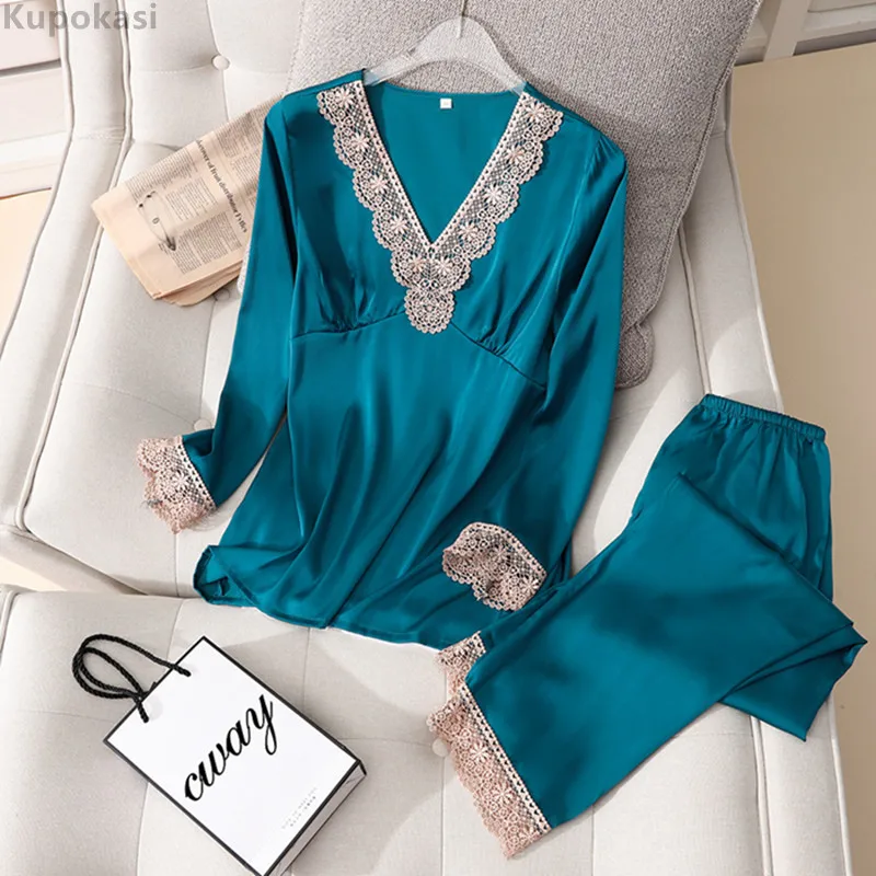 

Kupokasi New Pyjamas 2 Pieces Set Woman Pajamas Sexy Lace Spring Autumn Sleepwear Satin Faux Silk Casual Female Homewear