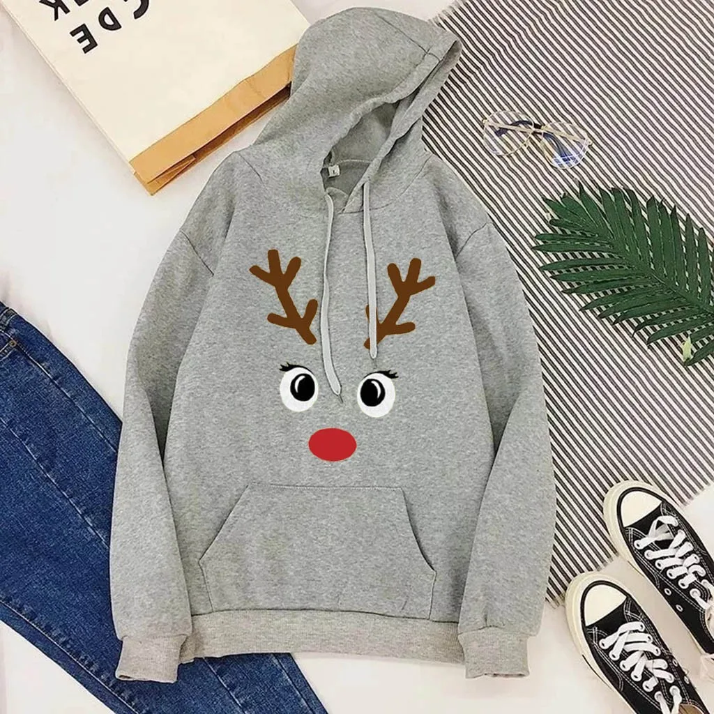 Christmas Print Sweatshirt Elk Printed Women Long Sleeve Christmas Hoodies Blouse Pullover Loose Street Tops jersey navidad