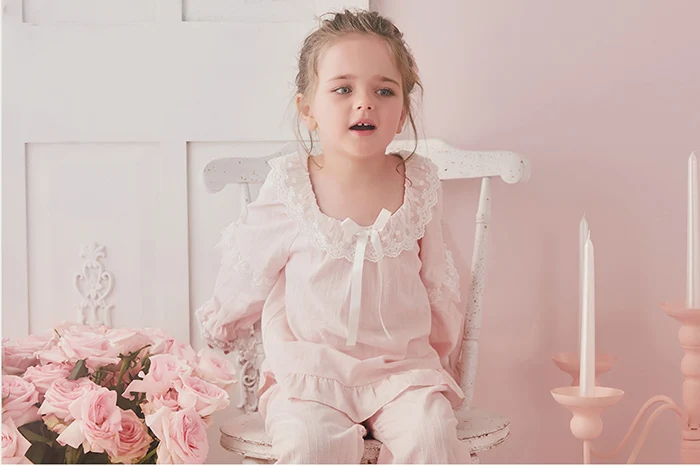 Children Girls Cotton Lolita Dress Pink Princess Sleepshirts Vintage Girl Lace Nightgown.Royal Toddler Kid Nightdress Loungewear designer pajama sets