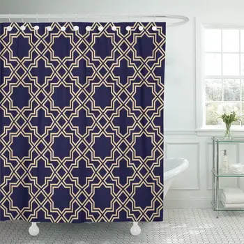 

Moroccan Abstract Pattern in Arabian Gold and Blue Black Shower Curtain Waterproof Polyester Fabric 72 x 78 Inches Set with Hook