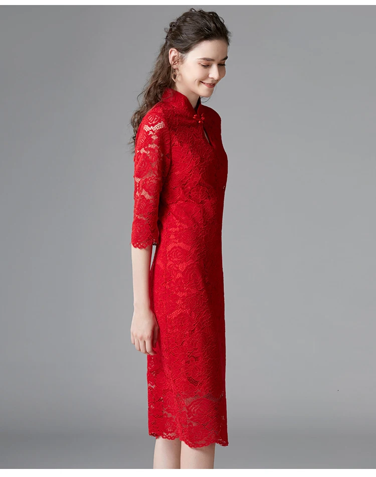 Новинка, Осенние вечерние платья красного цвета, Ретро стиль, Cheongsam, облегающее платье для женщин с рукавом 3/4, облегающие однотонные платья размера плюс, миди Vestidos