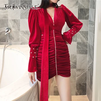 

TWOTWINSTYLE Sexy Ruched Patchwork Diamonds Dress For Female V Neck Puff Long Sleeve High Waist Women's Dresses Clothing Fashion