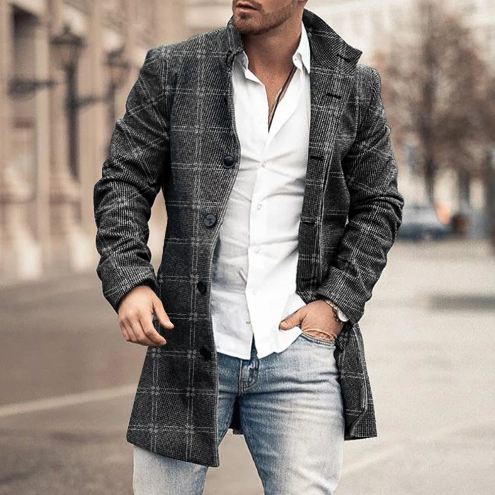 

Gray Plaid Men's Jacket Slim Autumn Fashion Single-breasted Long Sleeve Casual Male Outerwear Coat New Winter 2020 Woolen Trench