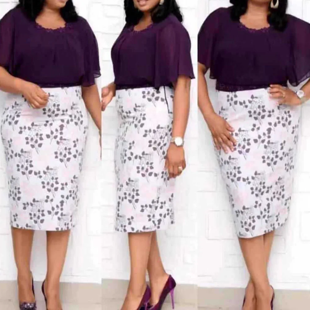

Elegant Office Ladies Bodycon Pencil Dress Large Sizes Retro Floral Printed Plus Size Chiffon Summer Short Sleeve Dresses Midi