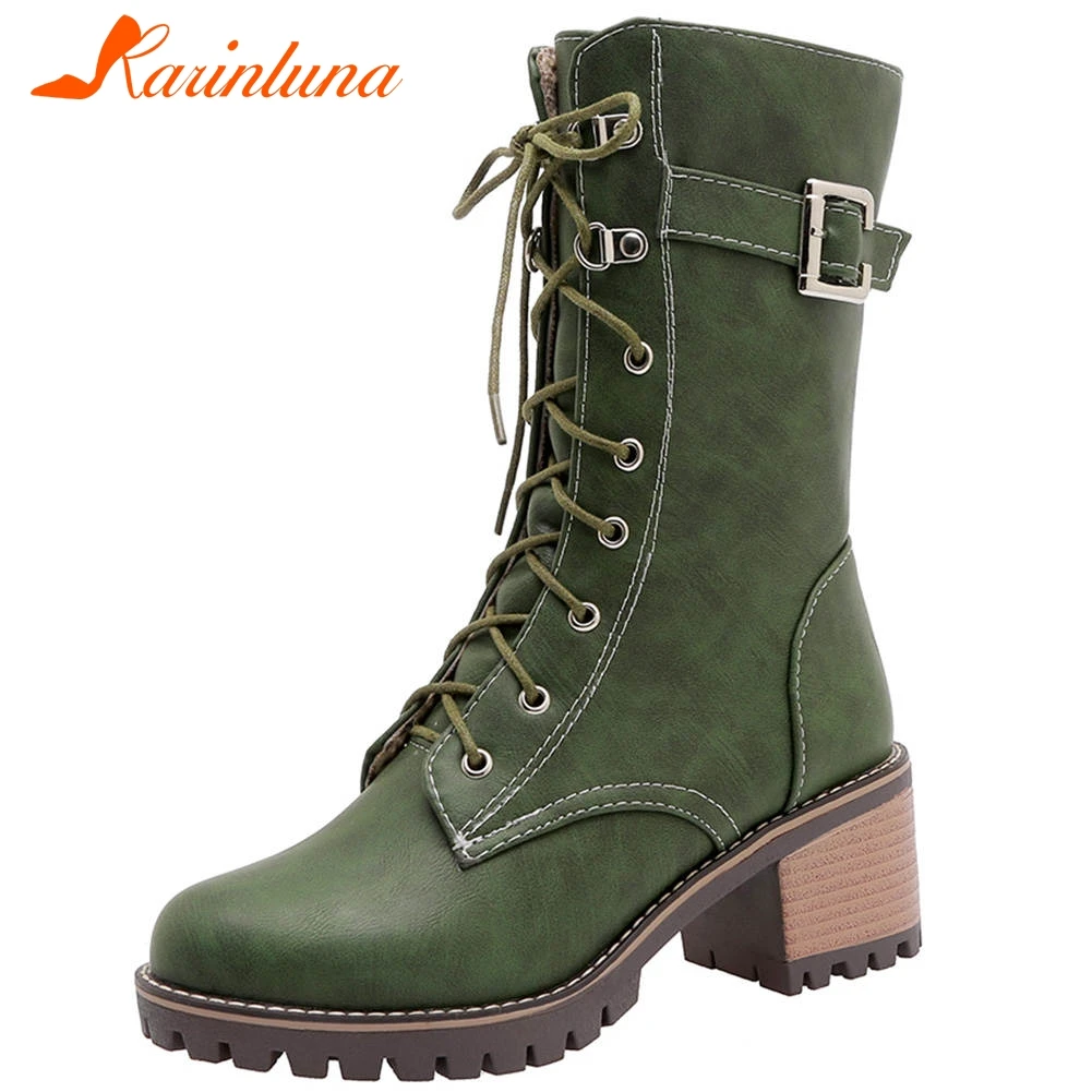 

Karinluna 2019 Big Size 45 square heels winter add fur Shoes Woman Boots Female Shoes ankle Boots motorcycles shoes Women