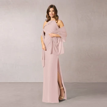 

Modern Simple Dusty Rose Full Length Chiffon Mother of the Groom Dresses With Shawl Sleeveless Wedding Party Gowns Side Split