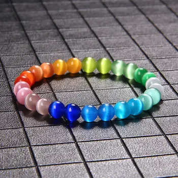 

8 mm Cat Eye Beads Bracelets Rainbow Aura Handmade Bracelet For Women Elastic Pulsera Lucky Star Friendship Party Jewelry Gifts