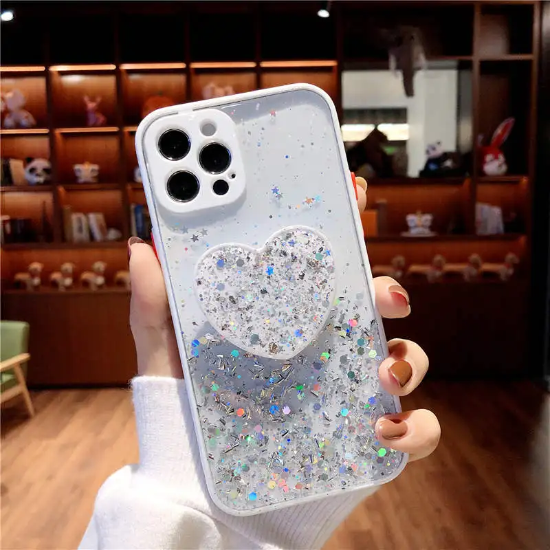 Gradient Glitter Sequins Love Bracket Soft Phone Case For iphone 12 mini 11 Pro Max Back Cover For iphone X XR XS 6 6S 7 8 Plus cute phone cases Cases For iPhone