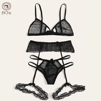 LEECHEE New Mesh Sexy kobiety bielizna 3 sztuk biustonosz zestaw drążą stanik przezroczysta bielizna zestaw Polka Dot S-2XL biustonosz i figi zestaw 3