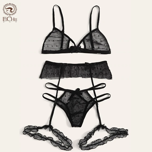 LEECHEE New Mesh Sexy kobiety bielizna 3 sztuk biustonosz zestaw drążą stanik przezroczysta bielizna zestaw Polka Dot S-2XL biustonosz i figi zestaw 3