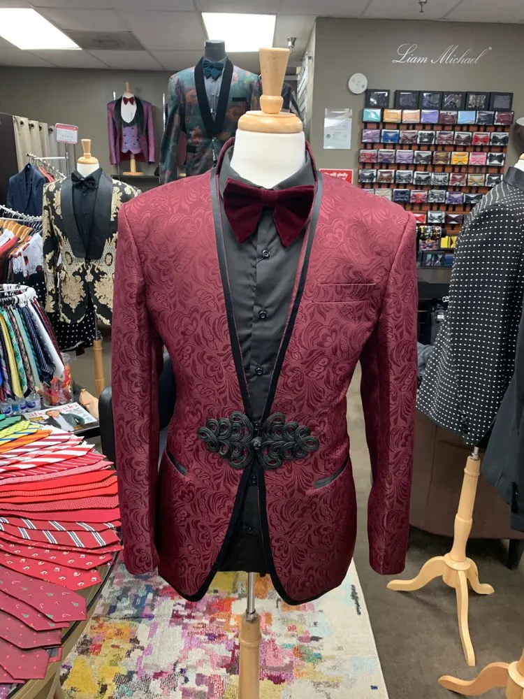 2020 Бургундский жаккардовый формальный мужской костюм приталенный смокинг для