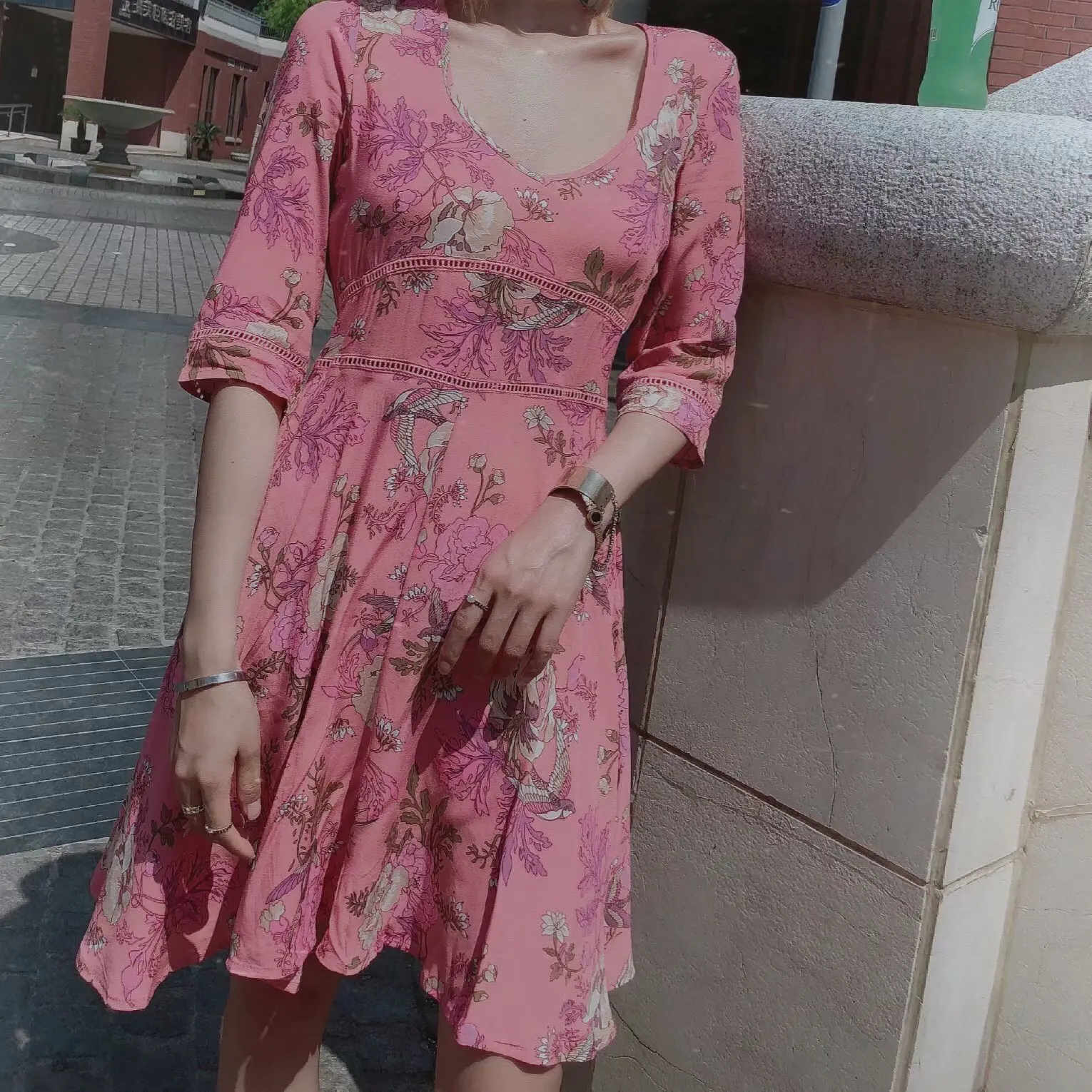 

B8019-Western Style WOMEN'S Dress Wholesale 2019 Summer New Style Vacation Style Hollow out Joint Flowers And Birds Floral Print