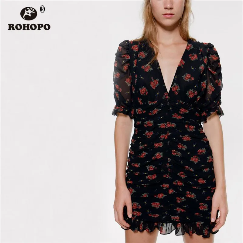 ROHOPO, красное, цветочное, Драпированное, гофрированное, черное, мини-платье, v-образный вырез, сексуальное, облегающее, нарядное, вечерние, элегантное, Vestido#9468