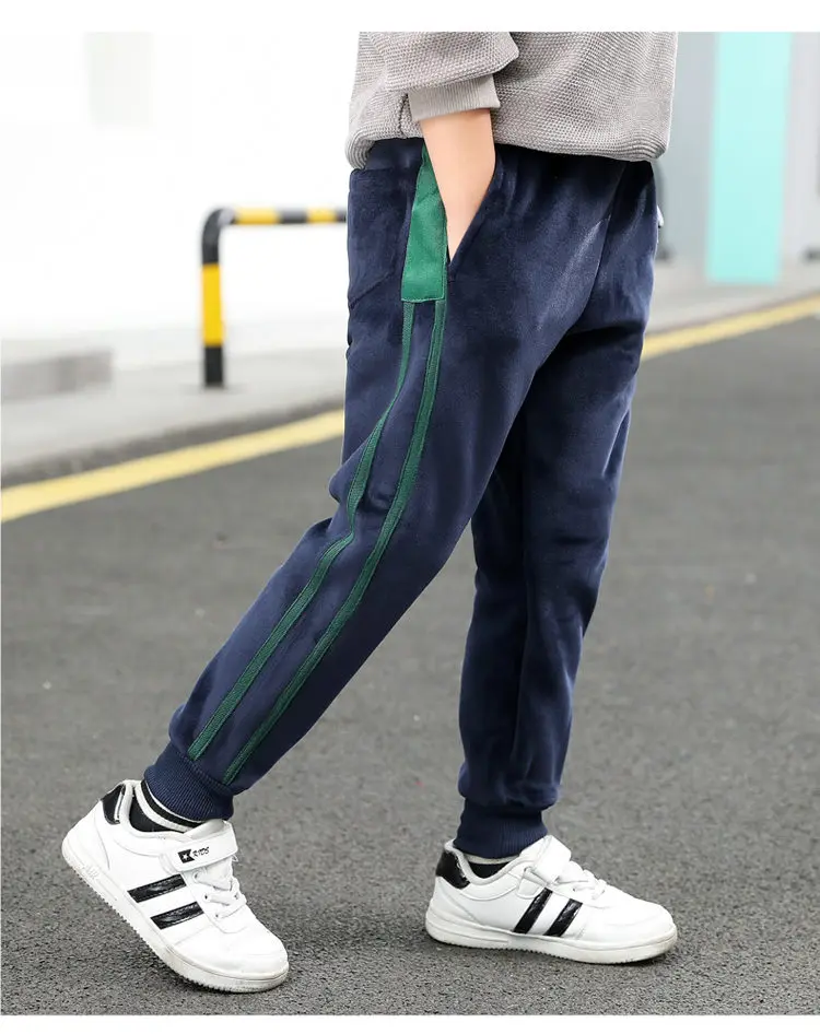 Boy Winter Flannel Fitness Pants with Side Stripe Kids Thicken Warm Fleece Baby Pants Teens Casual Velvet Lined Trousers 3 Color