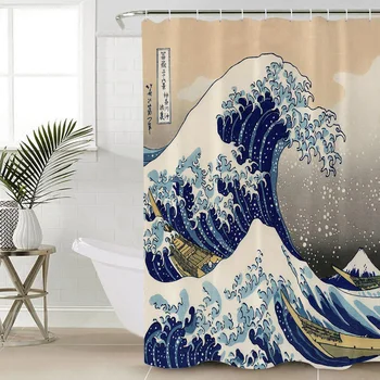 

Sea Wave Bathroom Shower Curtain Polyester Fabric With 12 Hooks Waterproof Fabric Shower Curtain