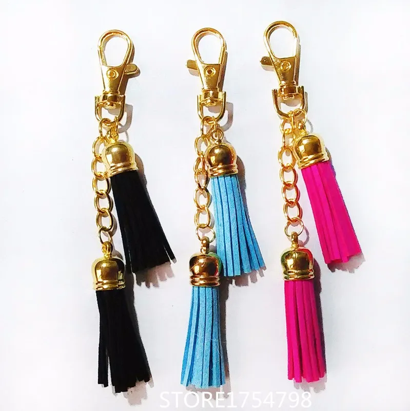 

Golden chains Tassel Key Ring Leather Tassel Key Chain 2 Layers Velvet Tassel Keychains Carabiner Women Bag Charming Pendant