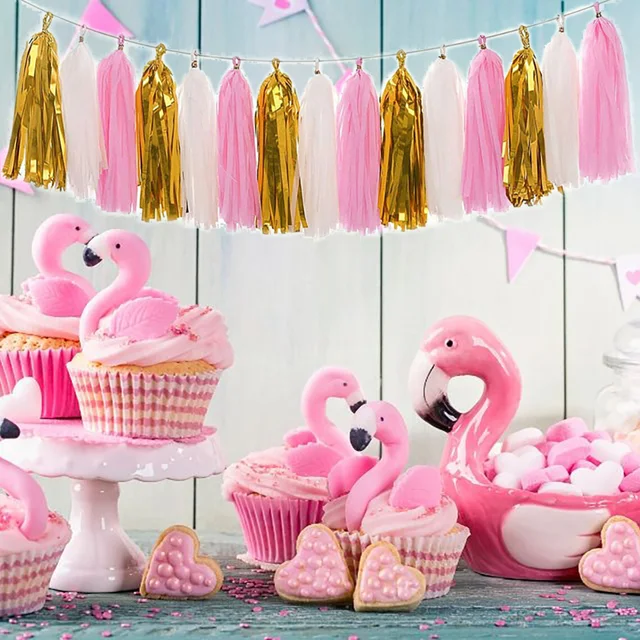 Lot De 15 Pompons En Papier De Soie Rose Et Blanc - Décoration De Fête Pour Mariage, Anniversaire, Baby Shower (pompons 20-30 Cm + Guirlandes)