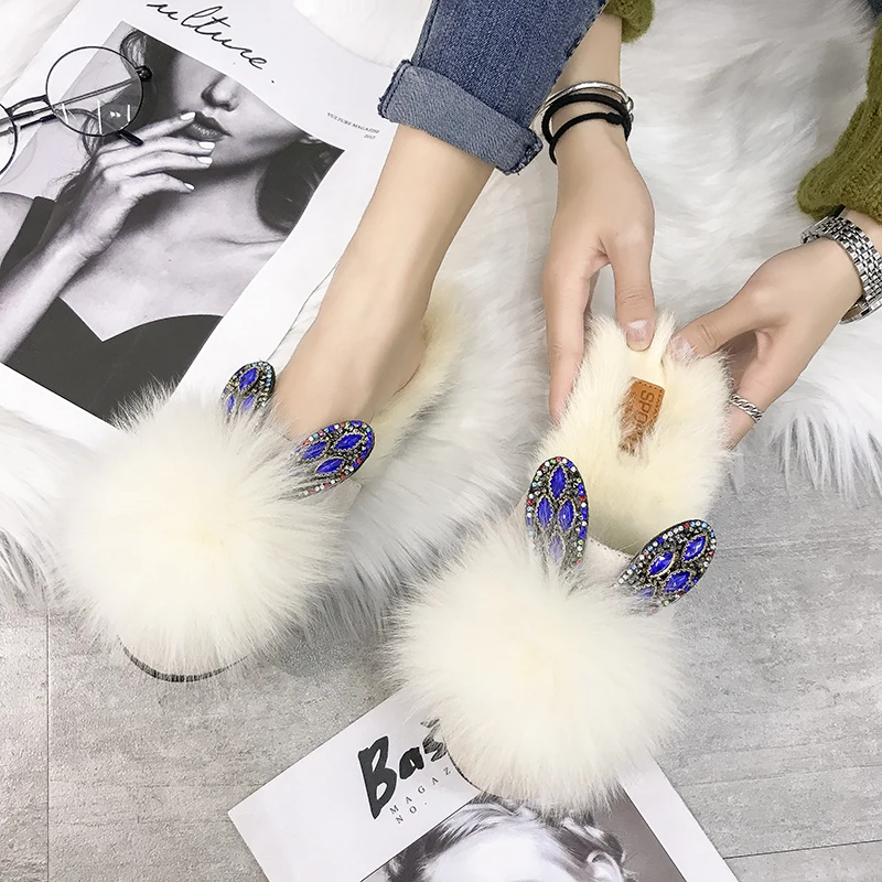 

Women Fox fur Furry Slippers Ladies Shoes Cute Plush Rabbit Hair Fluffy Sandals crystal Women's Fur Slippers Warm Slippers