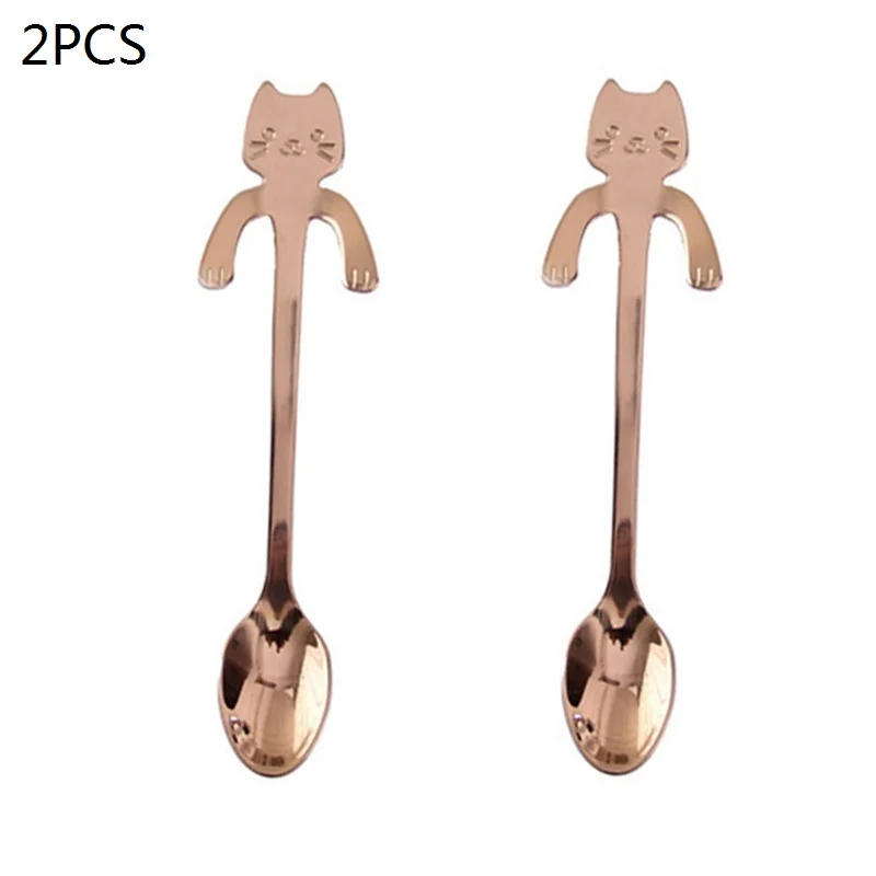 2pcs rose gold Милая маленькая мини-ложка для размешивания кофе из нержавеющей стали с котом Китти, кофейная ложка, красочное десертное мороженое, чайная ложка - Цвет: 2pcs rose gold