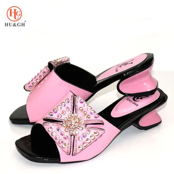 

2020 African Lady Open Toe Shoes High Heels Pumps Pink Color Wedding Shoes Rhinestones Design Italian Women Party Lady Sandals