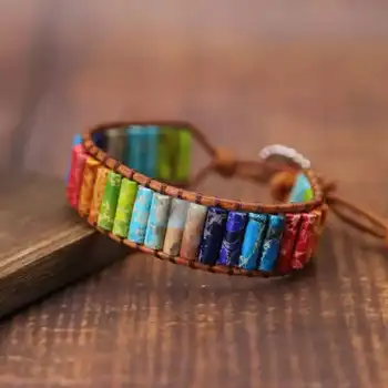 

latest creative chakra square cylindrical leather alloy jewelry couple handmade wrap bead friendship natural stone bracelet