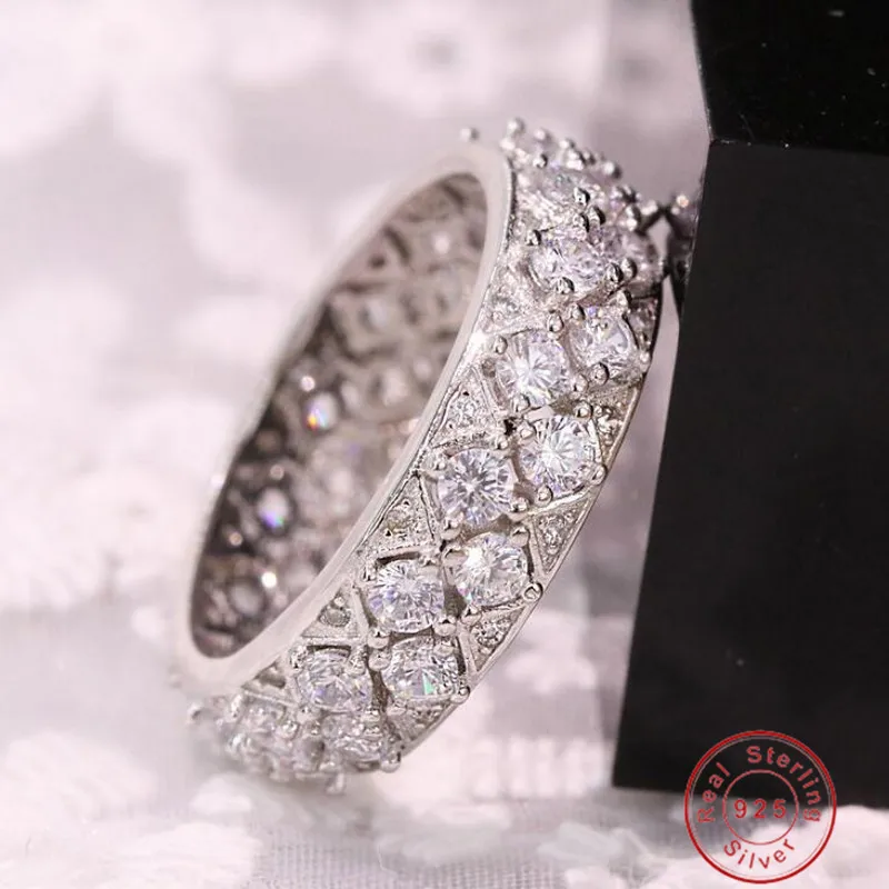 Rulalei Handemade Luxury Jewelry 925 Sterling Silver Full White Clear AAAAA Cubic Zirconia Eternity Party Women Wedding Ring Set