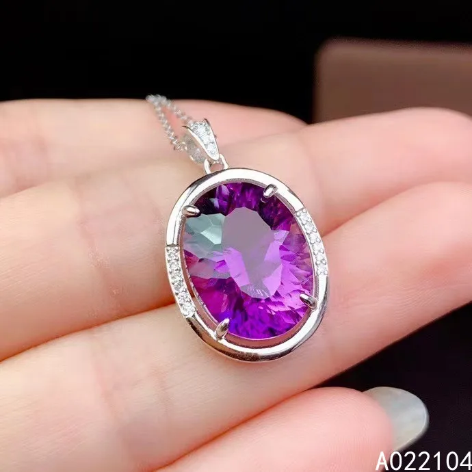 

KJJEAXCMY fine jewelry 925 pure silver inlaid natural amethyst women vintage oval Chinese style large gem pendant necklace suppo