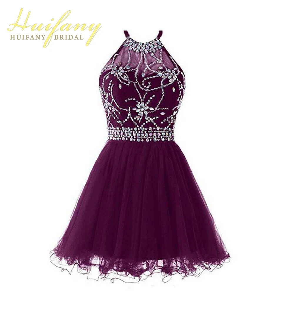 

Women's Short Beading Sequin Halter Cocktail Party Dress A-line Sleeveless Homecoming Party Dress Plus Size Knee Length