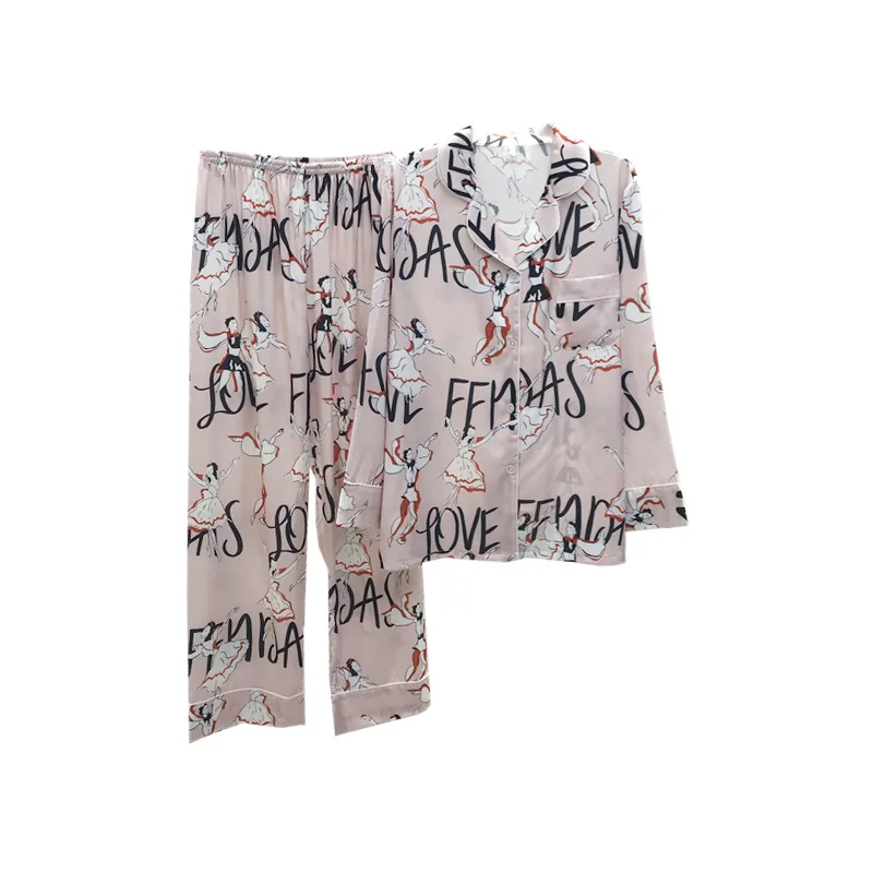 

New Pajamas Women's Spring And Autumn Ice Silk Long-Sleeved Suit Thin Section Lapel Simulation Silk Home Service