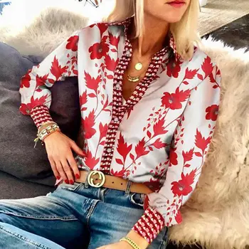 

Womens Casual Blouse Red Floral Printing Shirt Long Sleeve Loose Tops with Breasted Button for Women Ladies