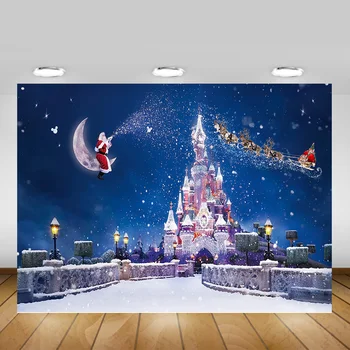 

Winter Christmas Backdrop for Photography Cartoon Dreamlike Castle Newborn Birthday Photo Background Starry Sky Snowy Photocall