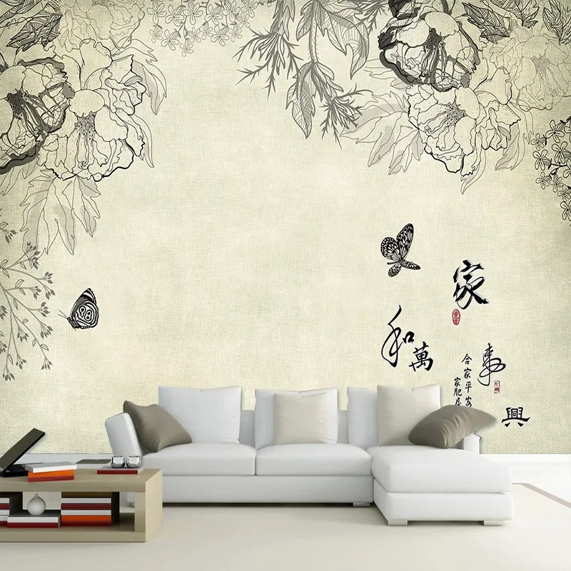 Custom 3D Mural Oriental Style Wall Paper Hand Drawn Flowers And Butterflies Wallpaper For Bedroom Wall Luxury Decoration Fresco hand drawn style fashionable women