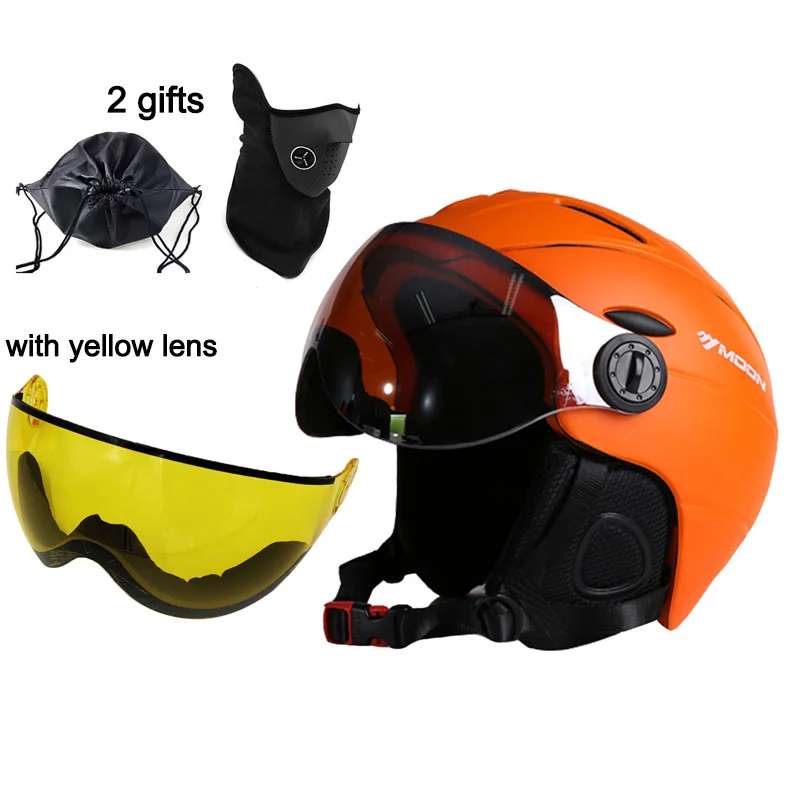 MOON лыжный шлем Зимний спорт на открытом воздухе мужские и женские лыжные шлемы Лыжный Сноуборд Снежный скейтборд шлем с очками Glasse козырек - Цвет: Orange 2 Lenses