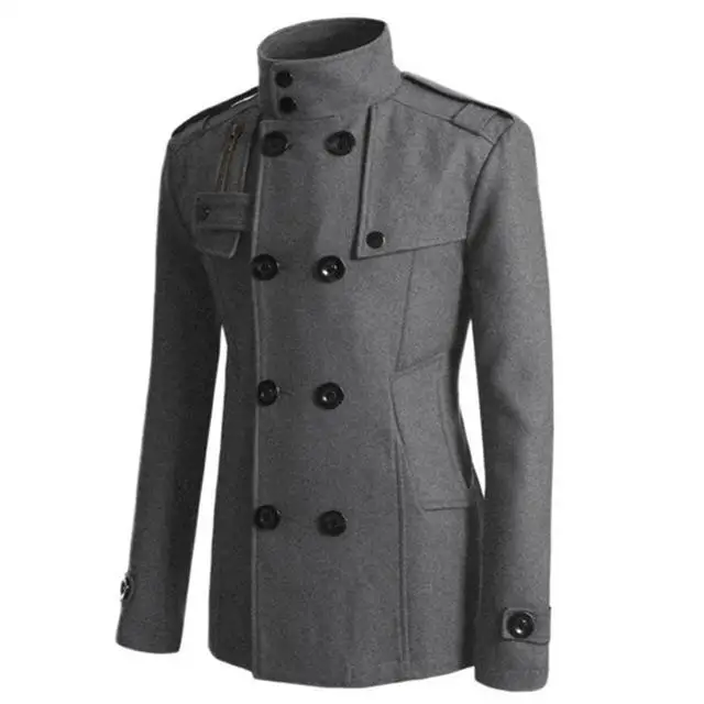 Outwear Men Winter Warm Trench Woolen Coat Slim Fit Casual Reefer Jackets Solid Stand Collar Double Breasted Peacoat parka - Цвет: Серый