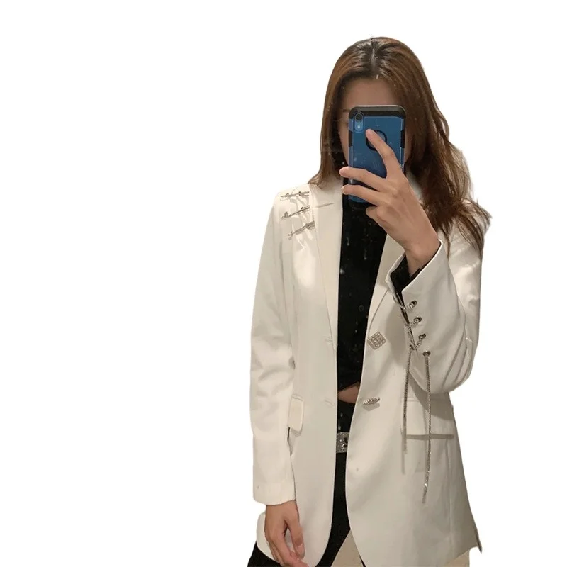 

Дизайнерский Новый женский белый блейзер со стразами, свободный крой, офисный женский Рабочий костюм, Модный деловой Повседневный Блейзер, жакет