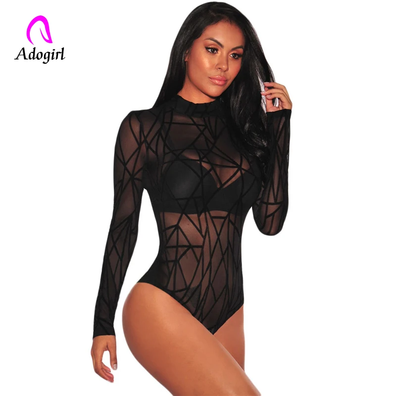 

Women See Through Bodysuit Long Sleeve Women Winter Black Sheer Mesh Geometric Velvet Bodysuit Combinaison Femme Jumpsuit Romper