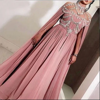 

Pink Muslim Evening Dresses A-line High Collar Chiffon Crystals Long Islamic Dubai Saudi Arabic Long Formal Evening Gown