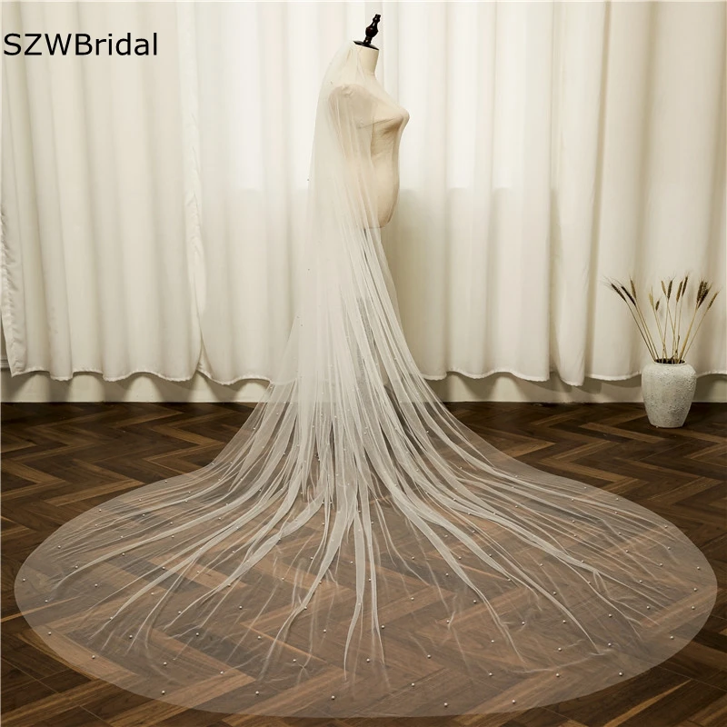 

Free Shipping White Ivory Cathedral wedding veil Pearls Beaded Long Bridal Veils Velos de novia Welon sposa wesele