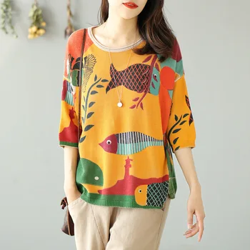 

Thin Bottoming Lazy Tees And Pullovers Female Printed Fish Sweater 2020 Calf-lenght Sleeve Loose Large Size Z2