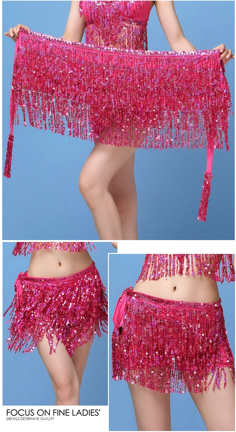 17 Colors Women Bellydance Clothing Accessories Tassel Belts 4 Rows Strips Rectangle Belly Dance Hip Scarf Sequins Fringes Belt