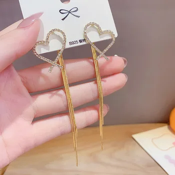 

S925 Silver Needle South Korea Elegant Elegant Peach Heart Two Wear Tassel Earring Women's Versatile Long Popularity Ear Stud Wo