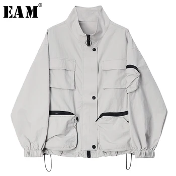 

[EAM] Loose Fit Gray Pocket Split Joint Big Size Jacket New Stand Collar Long Sleeve Women Coat Fashion Tide Spring 2020 1S643