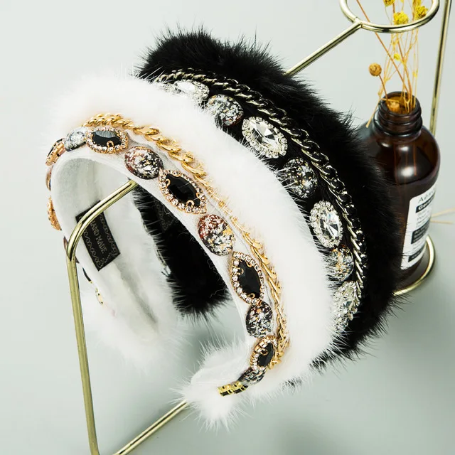 

Fluffy Metal Chain Headband European And American Autumn And Winter Women's Fashion Inlaid Rhinestone Girls Dinner Headband New