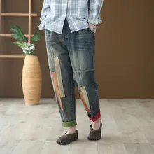 Женские винтажные Рваные Джинсы бойфренда размера плюс, эластичные джинсовые штаны-шаровары с высокой талией, женские рваные лоскутные брюки