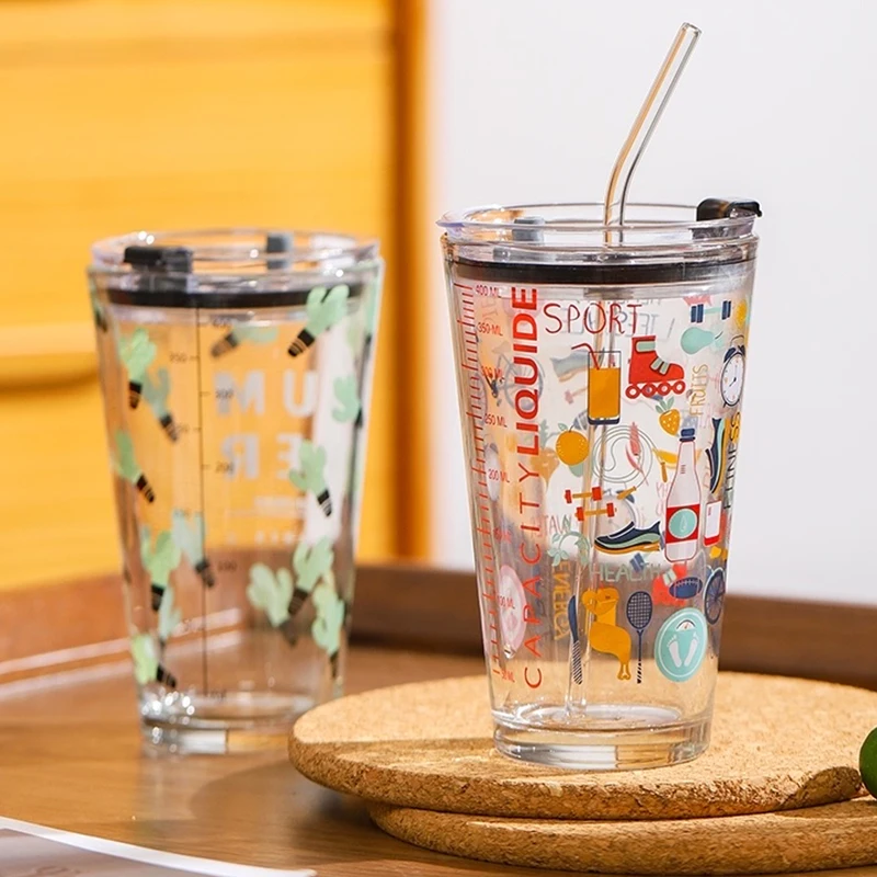 Glass Tumbler Milk Cup with Silicone Straw and Lid, Travel Coffee Mug,  Water Sipper Bottle for