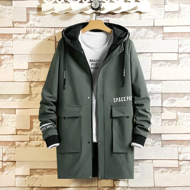 

2020 Casual Men's Black Green Windbreaker Jackets Long Trench Coat For Spring Autumn Winter Clothes