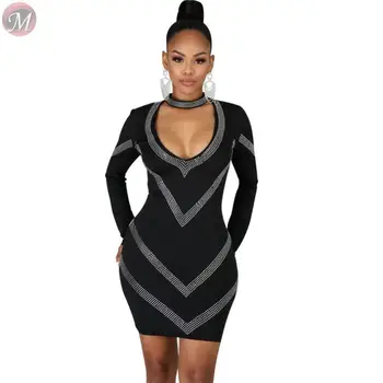 

New Sexy V-neck Solid Color Rhinestone Slim Bodycon Nightclub Mini Women's Fashion Black Dress 2020
