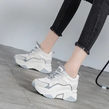 

Yiluan Daddy shoes Chunky Sneakers Women Nylon Mesh Leather Mixed Colors Sports Lace-Up Closure Platform Comfy Lady Casual Shoes