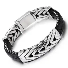 Винтажный Мужской Серебряный браслет из нержавеющей стали черный браслет из натуральной кожи