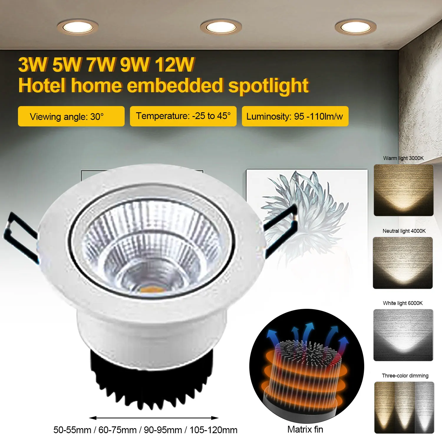 

COB 3 Color Light Spotlight Led Ceiling Light 3W 5W 7W 9W 12W Hotel Household Embedded Downlight Aluminum For Bedroom Kitchen